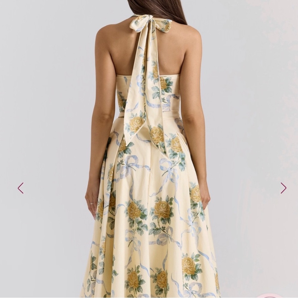 House of CB Allena lemon ribbon stretch cotton halter midi sundress - Picture 4 of 10